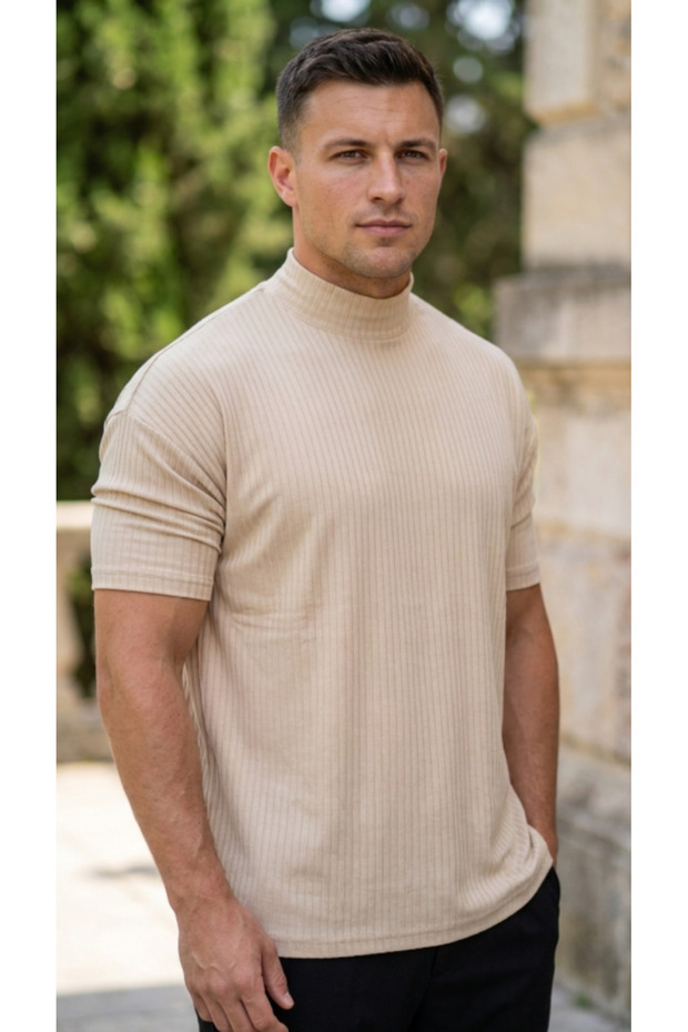 Men's Half Turtleneck Fit Sleeve Cut Oversize Short Sleeve T-Shirt