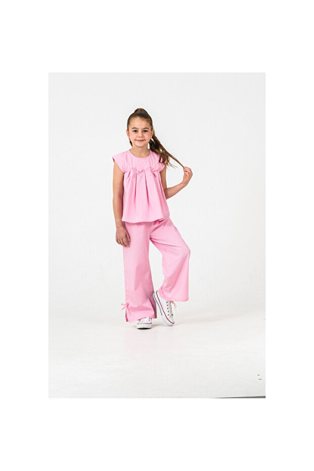 Girls' Pleated Bow Decorated Woven Suit