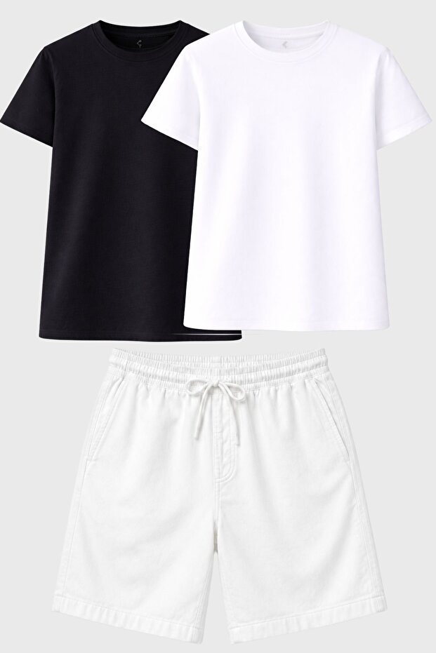 Men's Linen Shorts & Black - White Basic Cotton T-Shirt – Comfortable Fit, Breathable 3-Piece Set