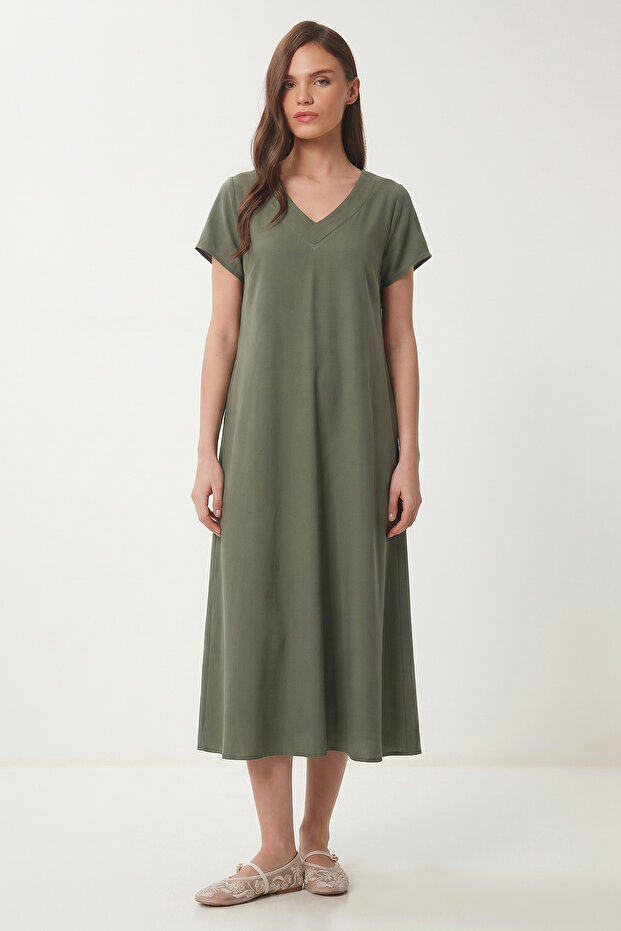 V-Neck Summer Flowy Viscose Dress Len0022 Khaki