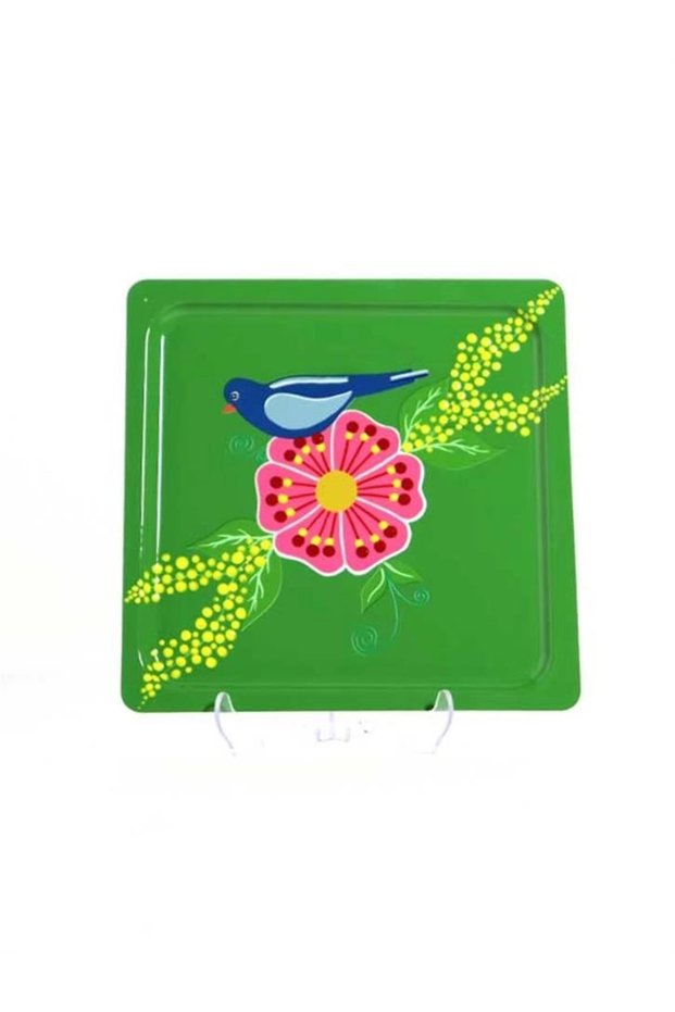 Square Tray with Green Bird (20X20 cm)