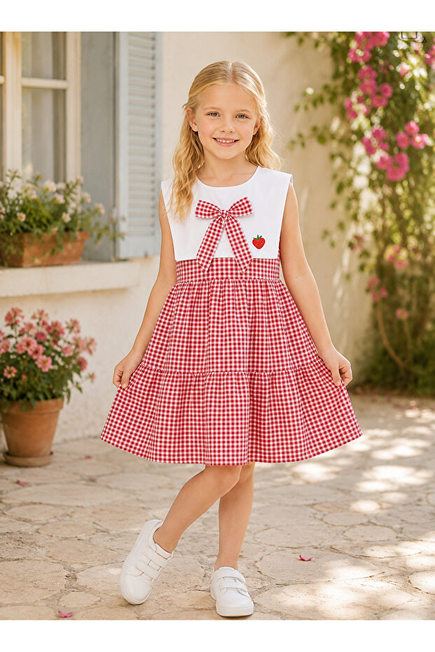Girl's White Collared Embroidered Dress