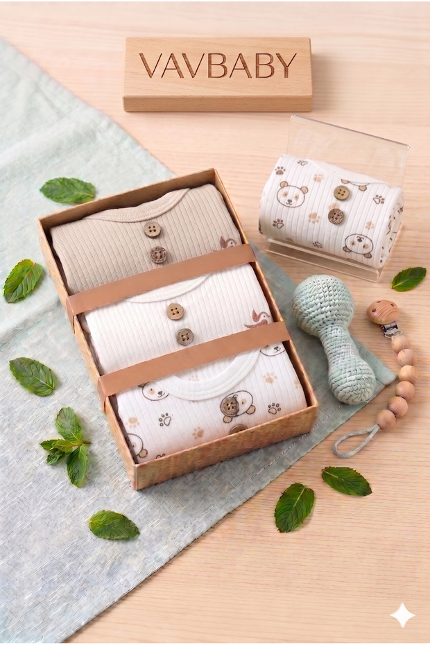 Natural Textured 3-Piece Long Sleeve Baby Bodysuit Set - Teddy Bear Patterned and Ribbed Bodysuit - Brown (0-3 Months)