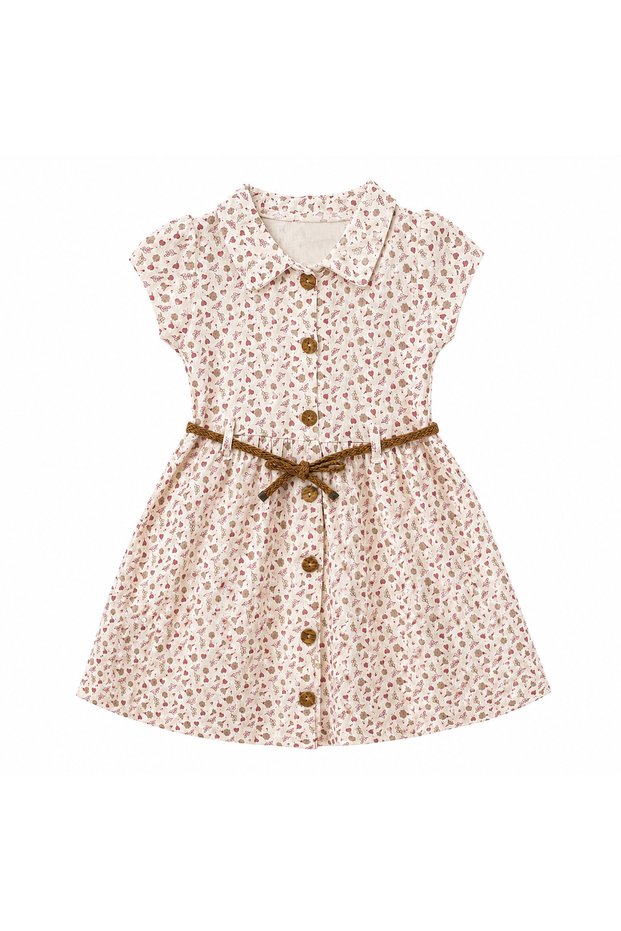 Girl's Pink Floral Patterned Dress with Belt and Buttons, Summer Casual and Stylish, 2-6 Years Old