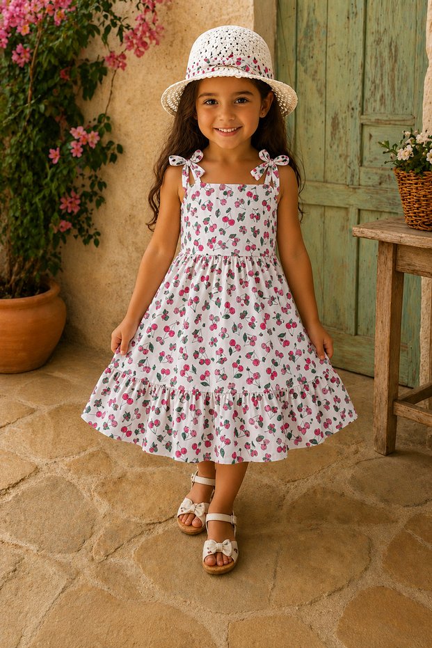 My Little One's Cicileri Cherry Garden Strappy Girls' Dress - Ecru