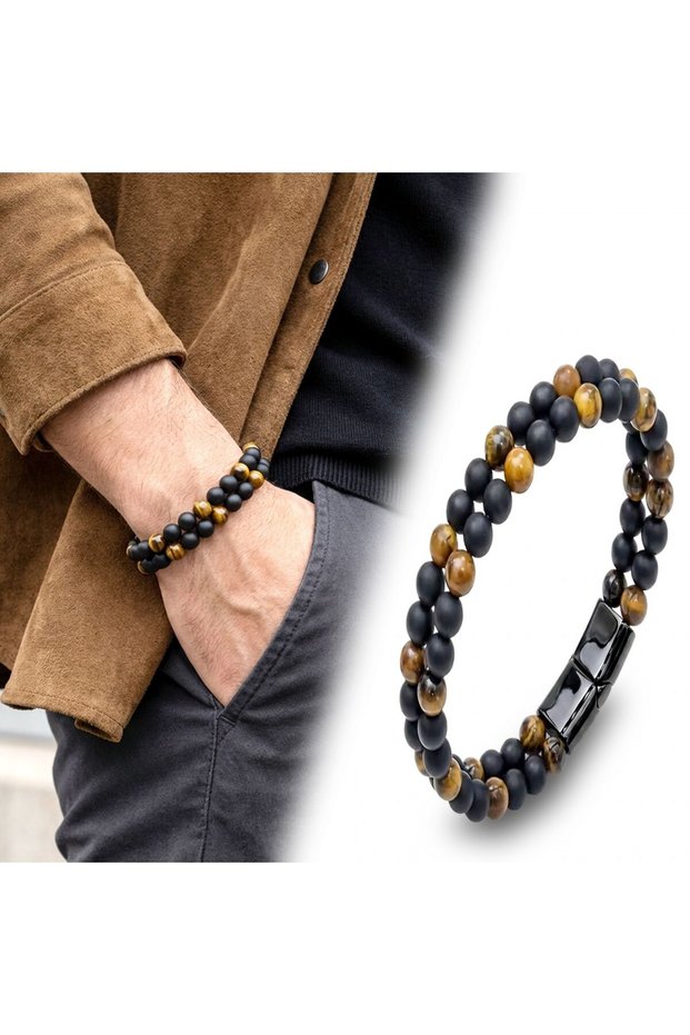 100% Natural Tiger's Eye and Onyx Stone Men's Bracelet - Velvet Gift Boxed - Premium Quality