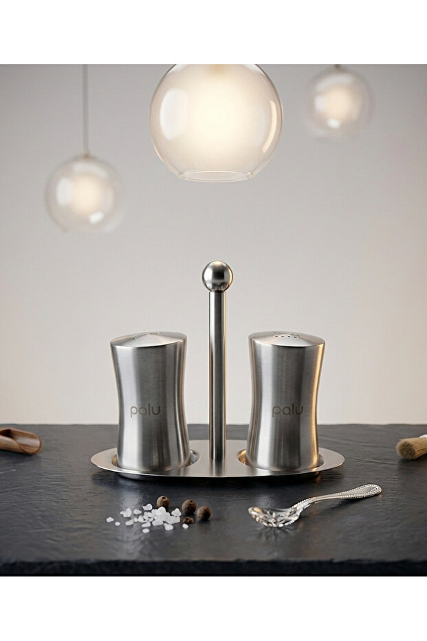 Stainless Steel Salt and Pepper Shaker Set with Stand for Tabletop Use