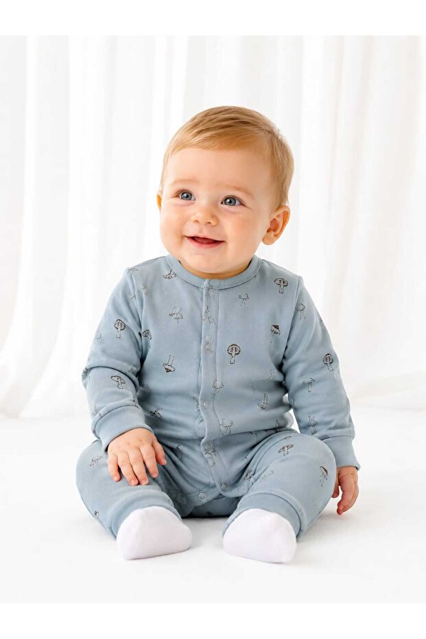 Isyis Baby Mushroom Patterned Snap Fastener Long Sleeve Jumpsuit