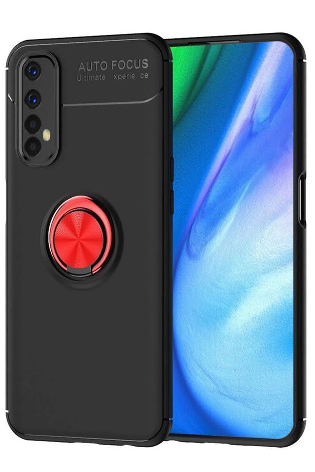 ILKESHOP حافظة سيليكون جديدة لهاتف Realme 7 مع حلقة (163944) - أسود-أحمر