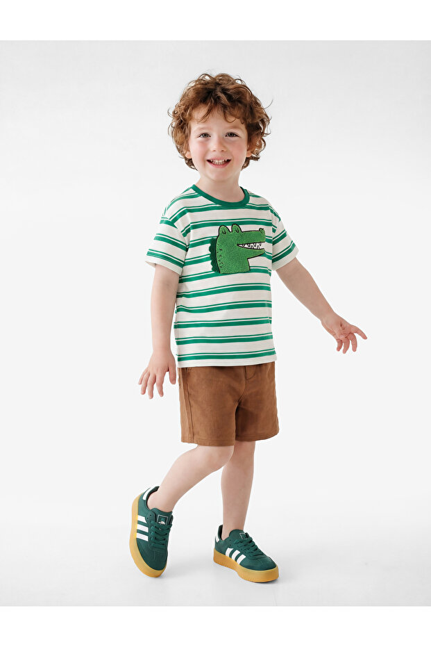 Cotton Short Sleeve Crew Neck Embroidered Striped T-Shirt