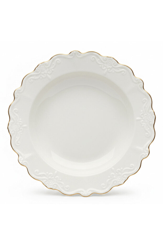 Solecasa Off-White Round Ceramic Plate with Gold Rim - 8.5 Inch