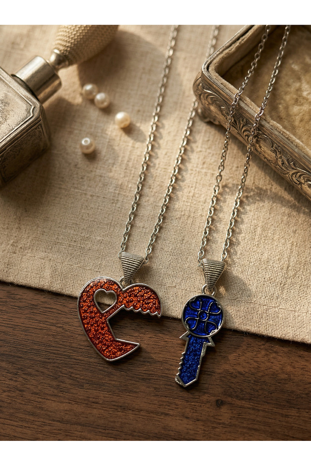 Women's Stainless Steel Chain Silvery Heart Lock Key Lover Couple Necklace Set