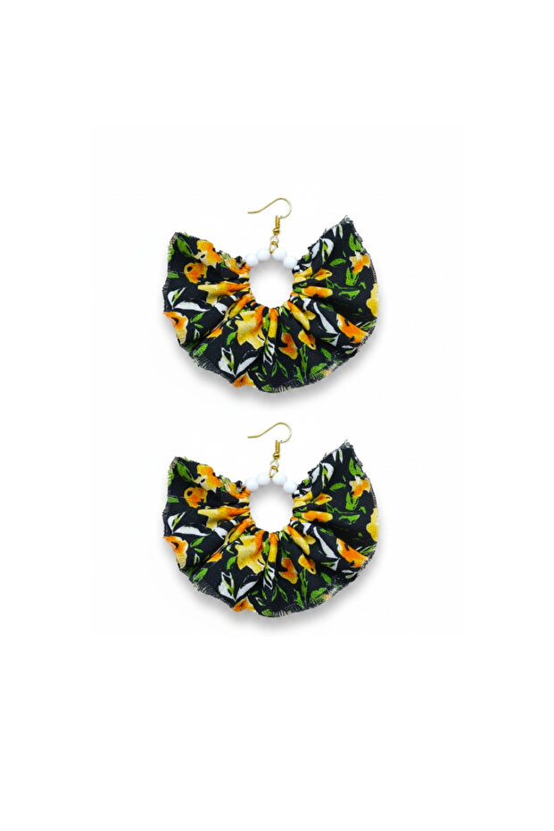 Gold Color Hoop Dangle Earrings – Black and Yellow Floral Pattern Fabric Beaded Design