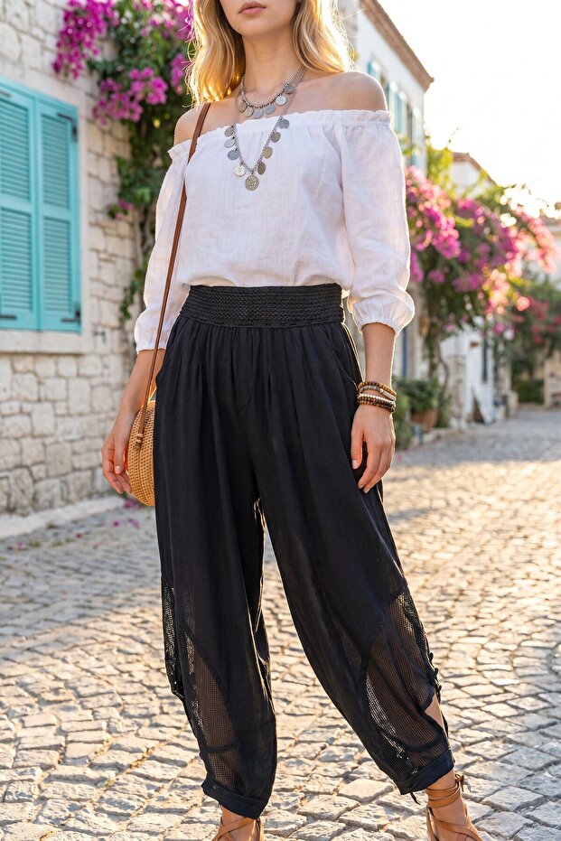 Alaçatı Linen Black Elastic Waist Buttoned Mesh Linen Shalwar Trousers