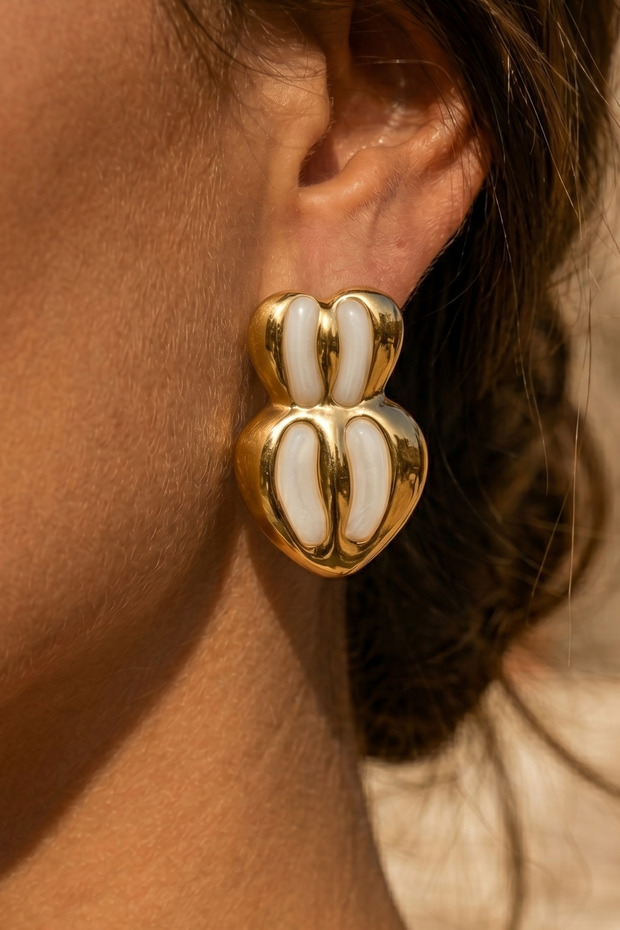 Gold Striped Enameled 2-Piece Heart Steel Earrings