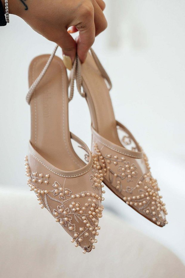 Buma Tulle Lace Detailed Heeled Evening Dress Shoes Tan