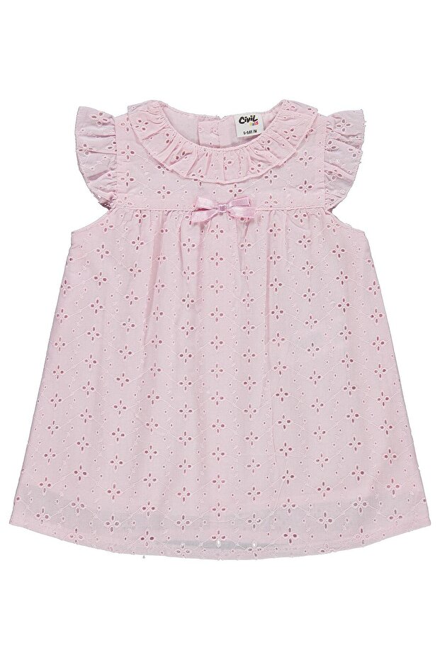 Embroidered Dress with Ruffles on Collar and Sleeves for 6-18 Months - Pink