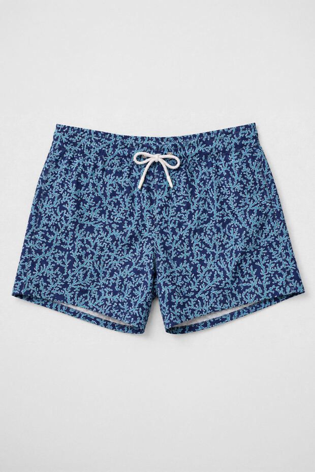 Men's Coral Patterned Blue Mesh Swim Shorts with Pockets