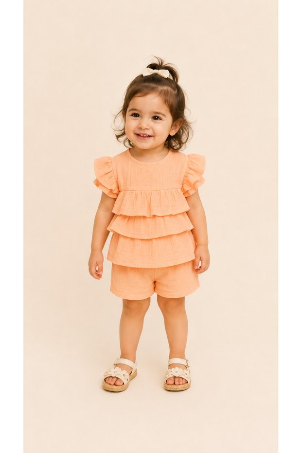 Cotton Layered Ruffle Design Baby Girl Shorts Set - Soft Touch Baby Top and Bottom Set