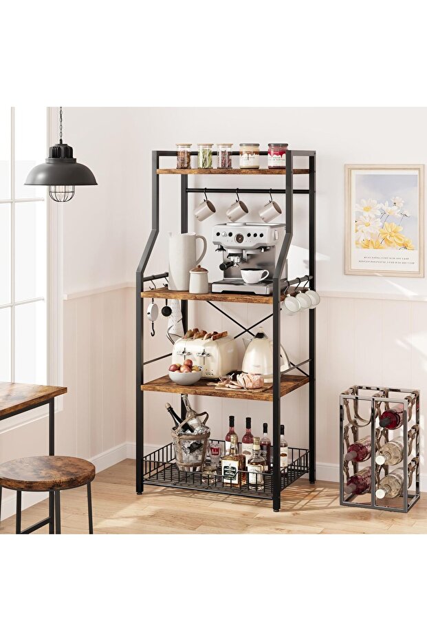 4-Tier Kitchen Bakers Rack, Utility Storage Shelf with 8 Hooks, Microwave Oven Stand, Rustic Brown