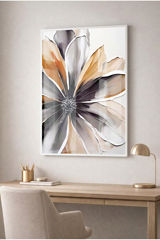 Abstract Glass Painting with Macro Floral Pattern - White Metal Framed Wall Art for Home, Business, and School