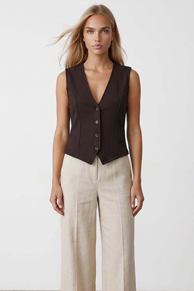 Bitter Brown V-Neck Vest with Stitching Detail Alc-X15496