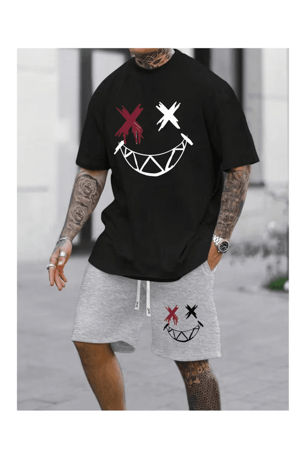 Smiling Face Printed Shorts Set - 1