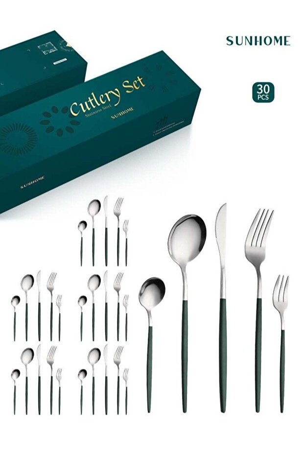 30-Piece Stainless Steel Cutlery Set Kitchen Utensil Set Western Tableware Green/Silver