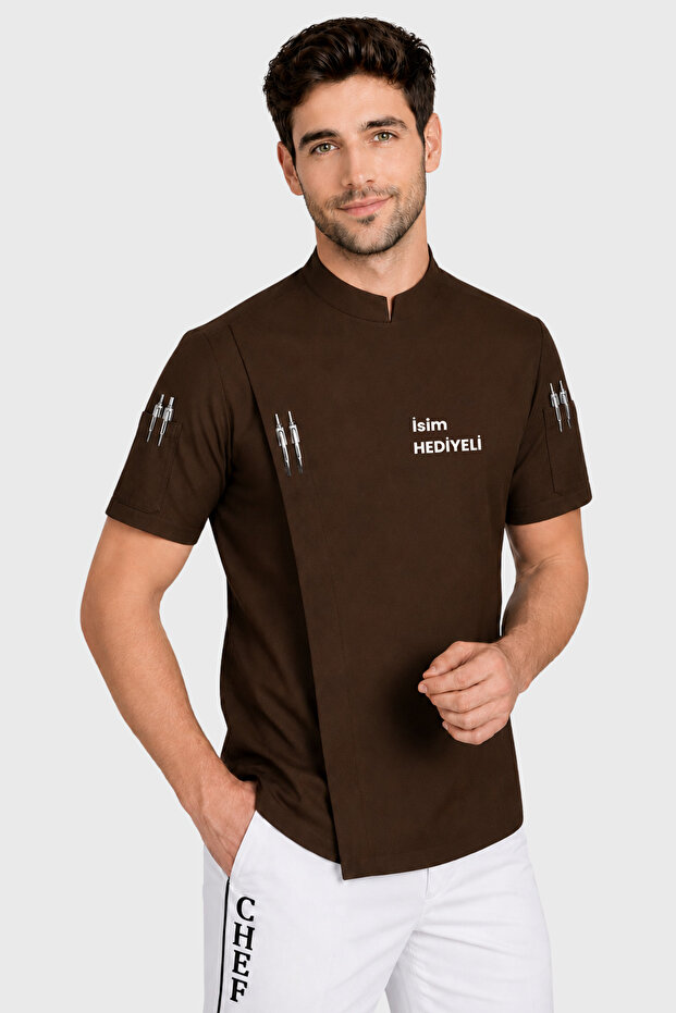 Name Gifted Brown Short Sleeve Cook Jacket Chef Jacket Cook's Outfit Cook's Uniform Cook's Shirt