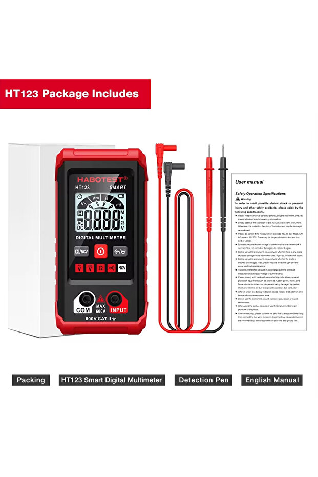 جهاز قياس رقمي متعدد الوظائف HT123 من HABOTEST لقياس الجهد المتردد/المستمر والمقاومة والاستمرارية مع خاصية NCV S
