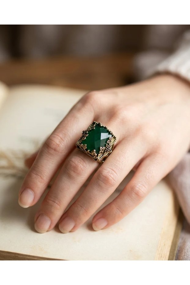 Bronze Vintage Women's Ring Authentic Copper Jewelry Green Crystal Stone Ottoman Model Large Adjustable