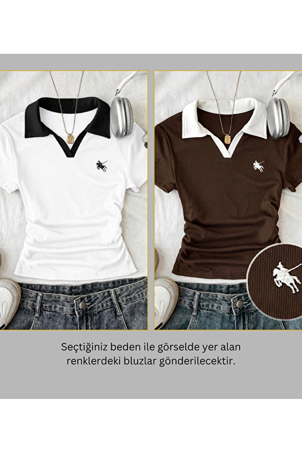 Women's 2 Li Soul Colorful Polo Collar Embroidered Drawstring Blouse