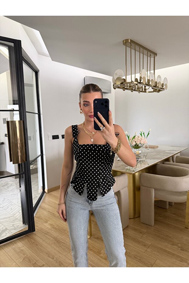 Black with White Polka Dots, Segmented Waist, Thick Straps Bustier