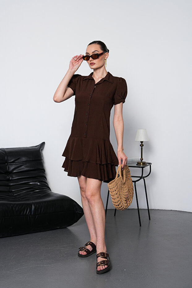 Rochie mini simplă cu mâneci bufante și volane - 5