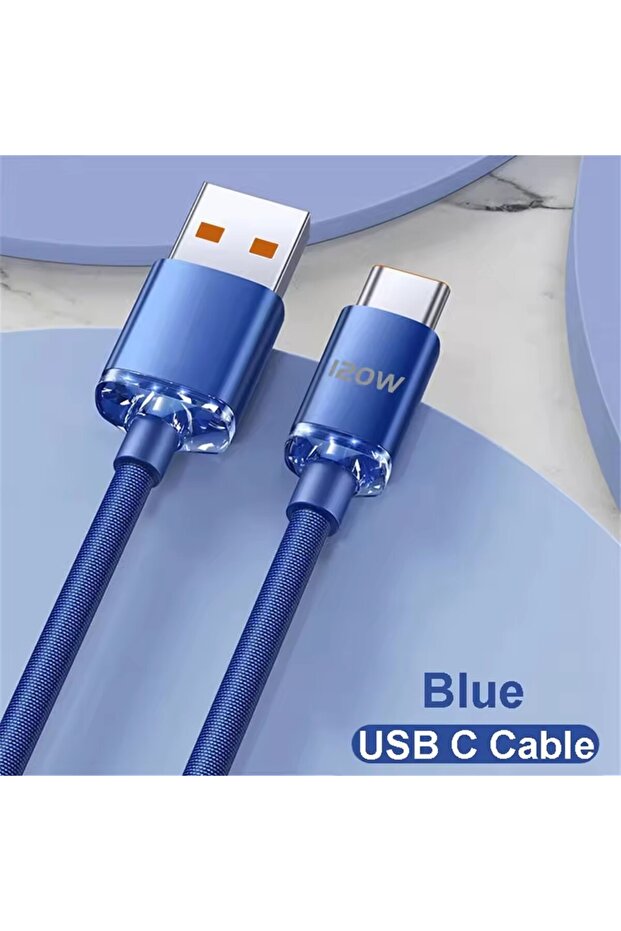 كابل USB C أزرق بطول 1 متر، 120 واط، شحن فائق السرعة، من USBA إلى Type C، كابل USBC، شحن سريع PD، كابل بيانات USB C.