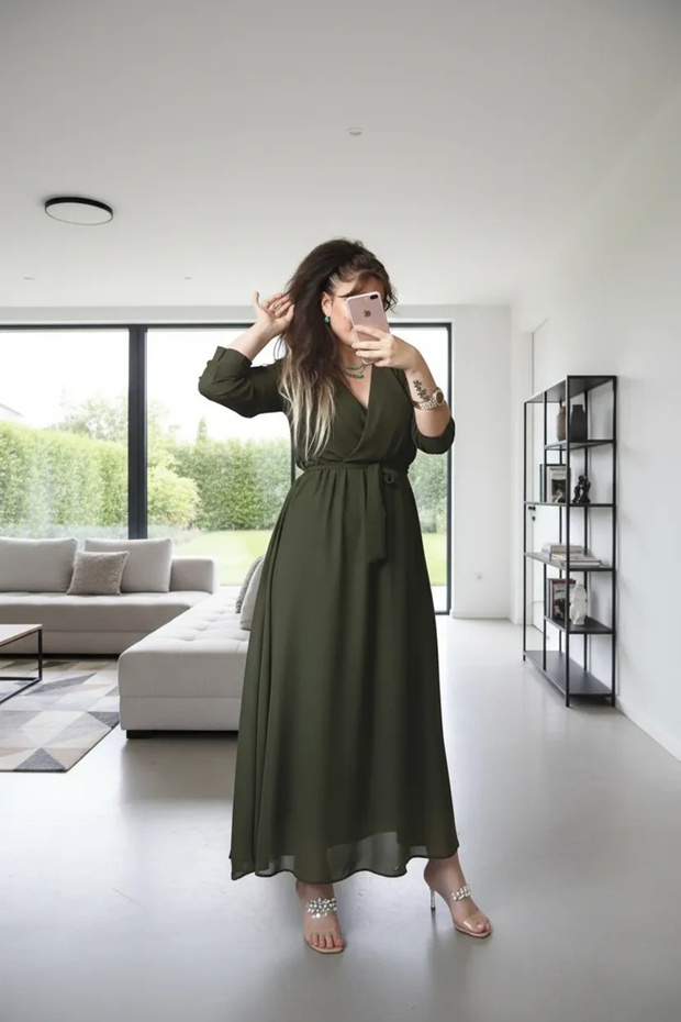 Long Plain Chiffon Khaki Dress
