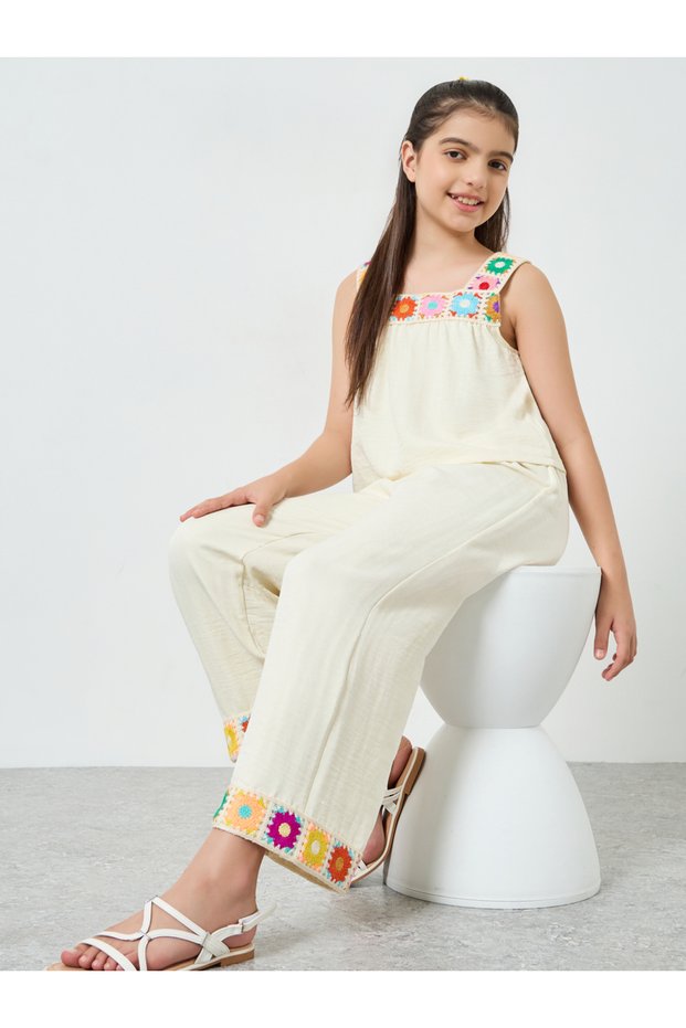 Girls Crochet Trim Cotton Top and Pants Set