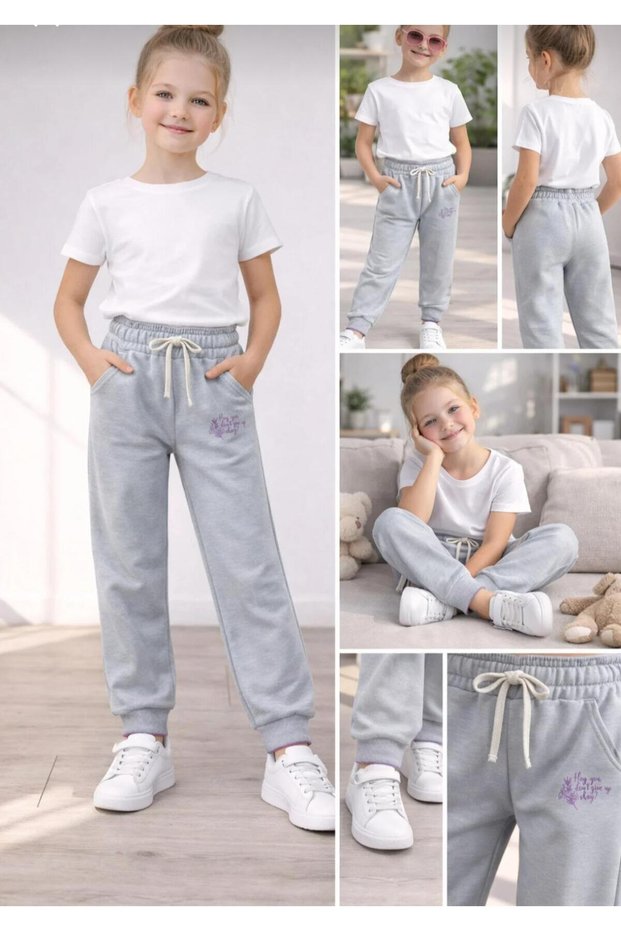 Girl's Gray Elastic Waist Double Ribbed Sweatpants 4494-4