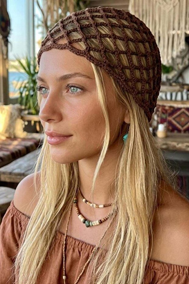 Handmade Mesh Knitted Beanie Hat Bandana - Brown