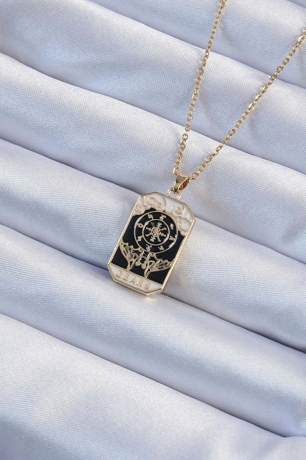 316L Steel Chain Gold Color Embroidered Black Enamel Tarot Pendant 5886