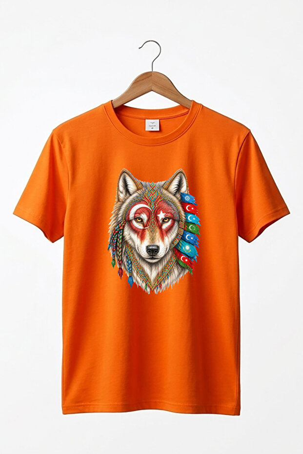 Ethnic Turkish Motifs and Wolf Print Moon Star and Turkish States Print 100% Cotton Basic T-Shirt