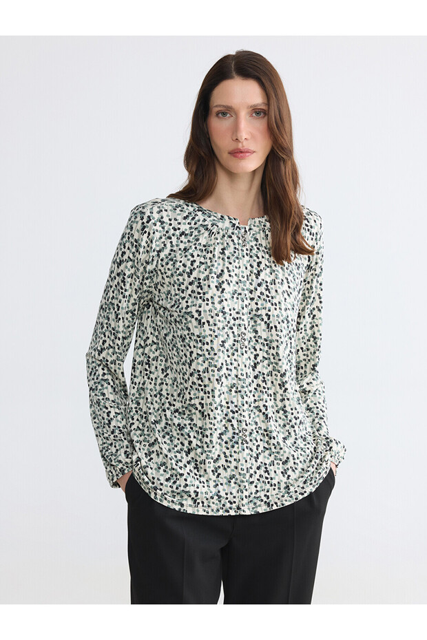 Nevavm Oval Collar Patterned Blouse with a Difference