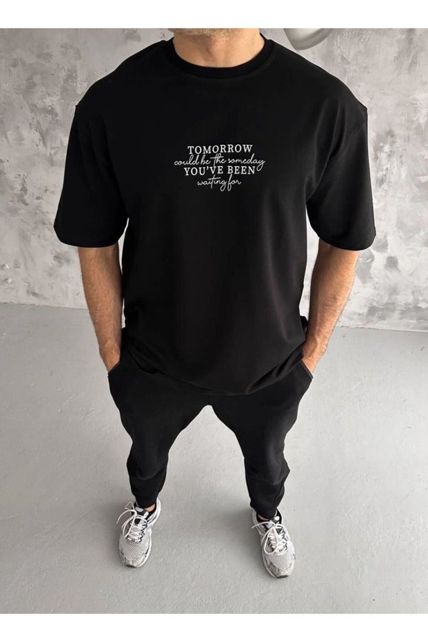 Men's Short Sleeve Summer T-Shirt Crew Neck Printed Oversize T-Shirt - Black
