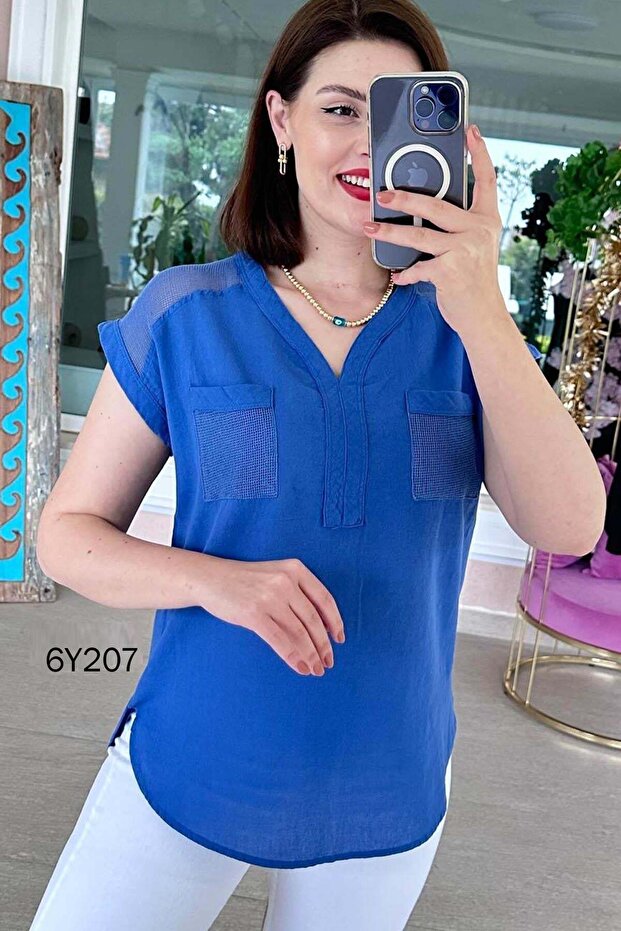 Mesh Detail Washed Cotton Fabric Blouse 6Y207