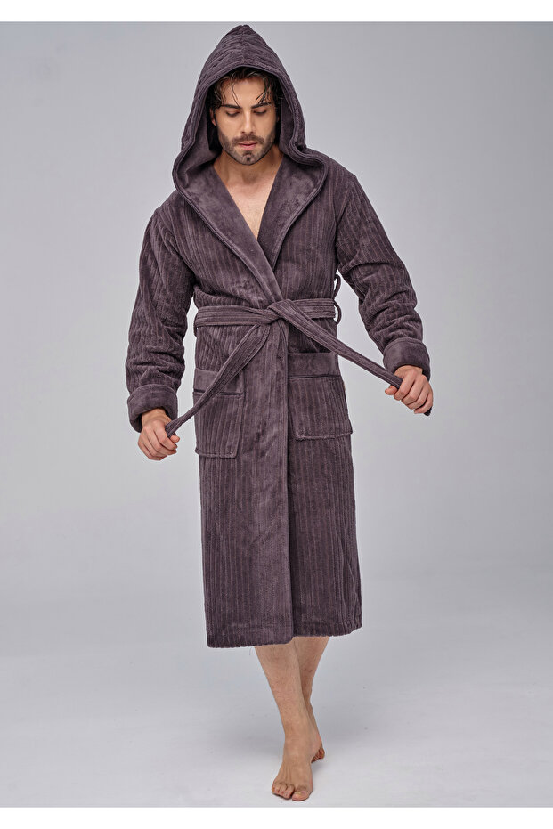 Men's Hooded Ribbed Bamboo Cotton Soft Absorbent Luxury Bathrobe