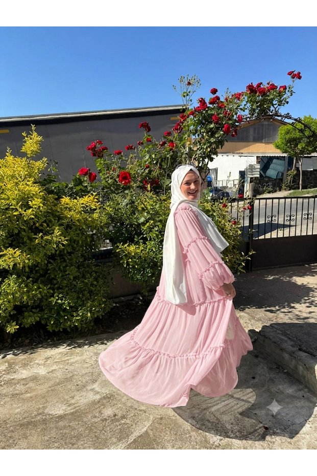 Women's Ruffled Lace Detailed Hijab Maternity Chiffon Dress - Pink