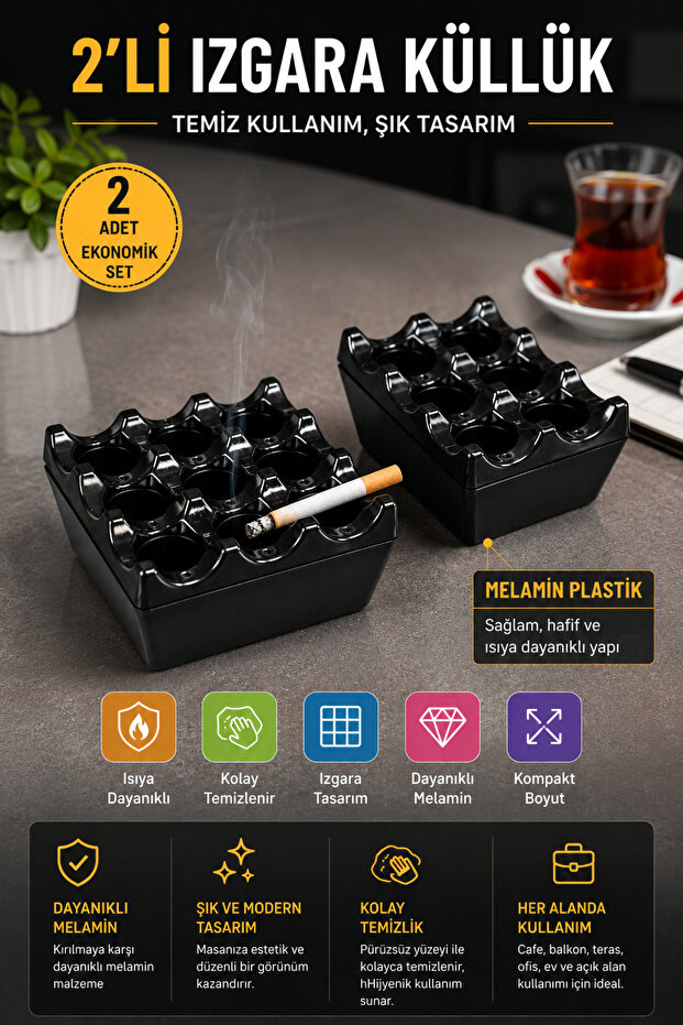 Set of 2 Black Melamine Grill Ashtrays Square Ash Tray Durable for Cafe Balcony Table
