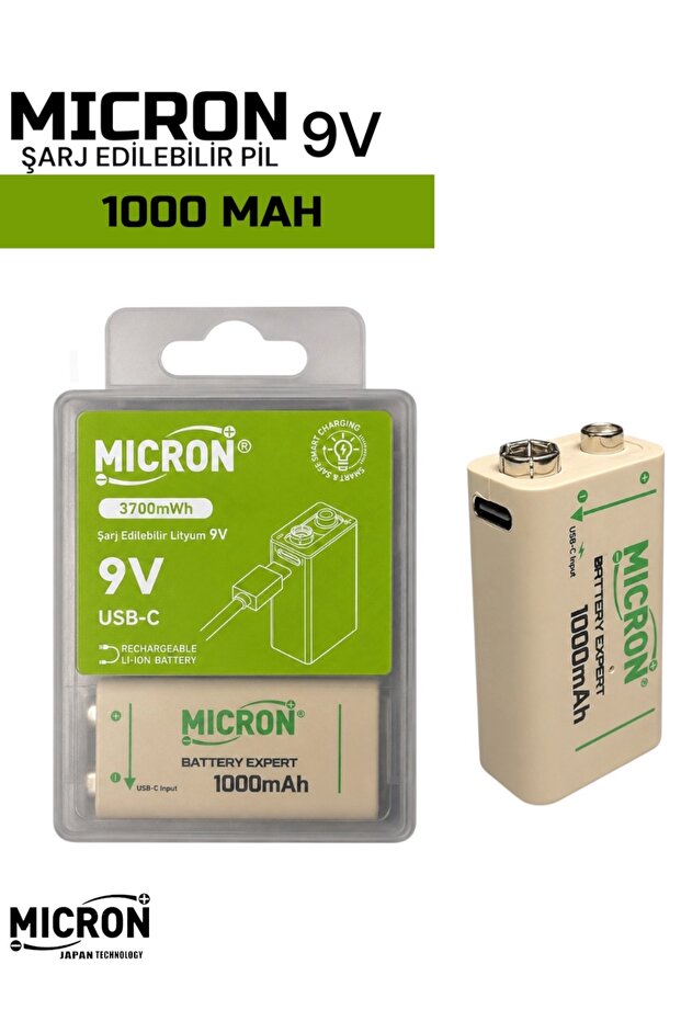 Micron 9V Şarj Edilebilir Pil 1000mAh USB Type-C Yassı Pil , 9V Pil