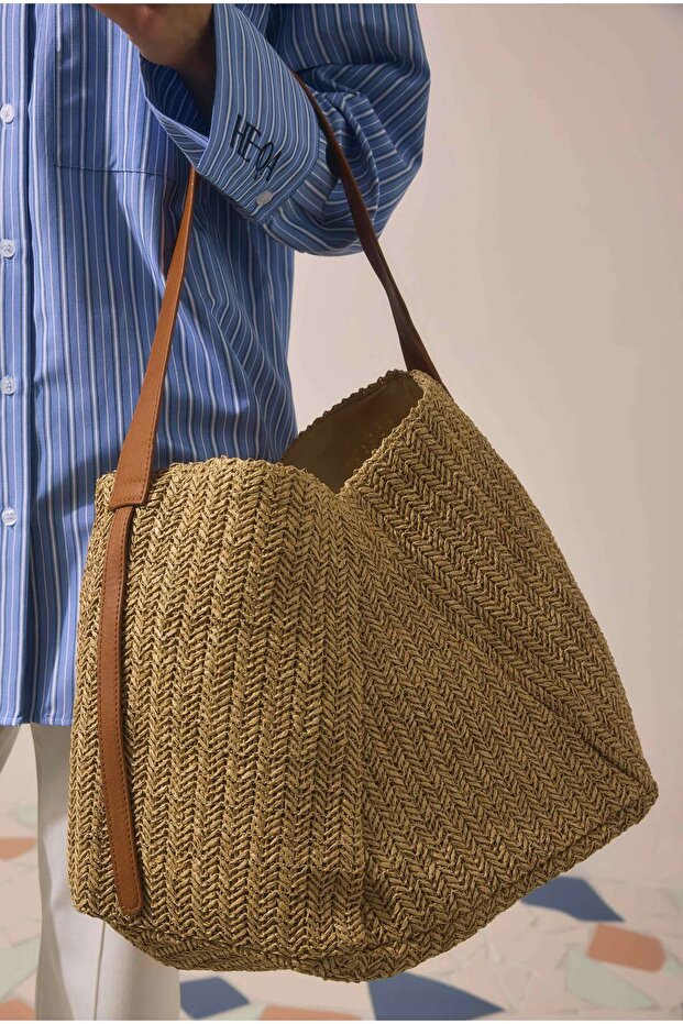 Straw Tote Bag Camel - 1