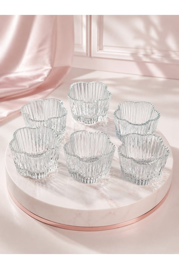 Stylish Glass Flower-Shaped Turkish Delight Bowl, Jam Bowl, Snack Bowl, Coffee Side Serving Bowl, 180 Ml, 6 Pieces.